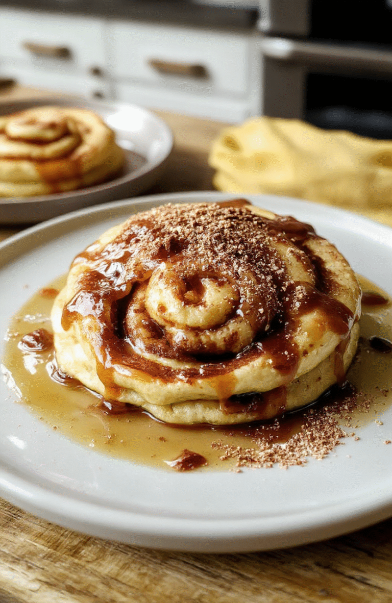 A stack of fluffy vegan cinnamon roll pancakes on a light ceramic plate, drizzled with maple glaze, swirled cinnamon filling visible, dusted with cinnamon sugar, with a small bowl of maple syrup and a dollop of dairy-free yogurt in a warm kitchen setting.