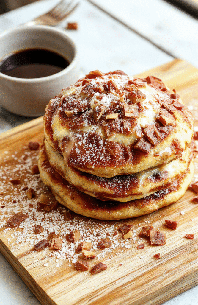 A tall stack of fluffy cinnamon roll pancakes with a glossy maple glaze sits on a white plate, cinnamon sugar sprinkled on top. The plate rests on a warm wooden board with a small dish of glaze, a cinnamon stick, and fresh berries nearby. The golden pancakes reveal soft swirls and tender edges, evoking a cozy weekend brunch.