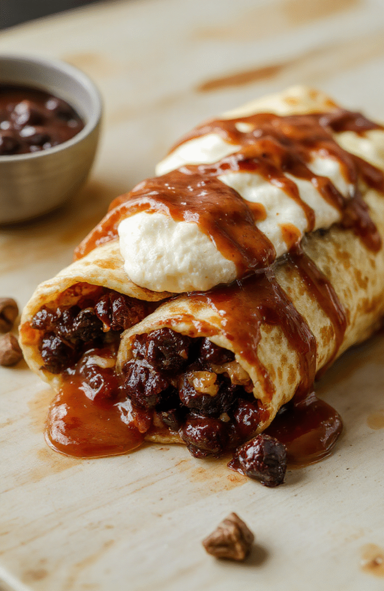 A stack of fluffy cottage cheese crepes on a white plate, dusted with powdered sugar, fresh berries, and a drizzle of honey, set on a light wood table with a cozy morning kitchen vibe.