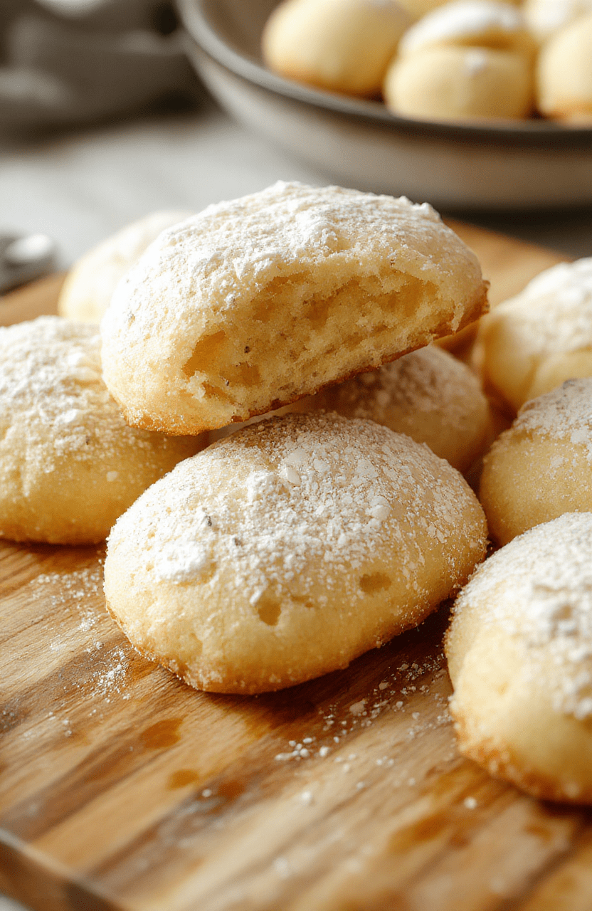 Close-up of four golden, fluffy Twinkie style pastries with creamy filling peeking from a bite, dusted with powdered sugar, arranged on a white plate beside a glass of milk; a sprinkle of vanilla bean on a light marble surface; warm kitchen lighting and soft shadows give a cozy, homemade vibe.