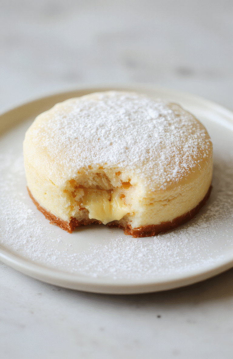 A fluffy Japanese cheesecake sits on a white plate with a light dusting of powdered sugar. The cake shows a pale golden top and a creamy pale-yellow interior at the cut edge. It's plated simply on a neutral surface, with a soft, bright kitchen backdrop that highlights the airy texture.