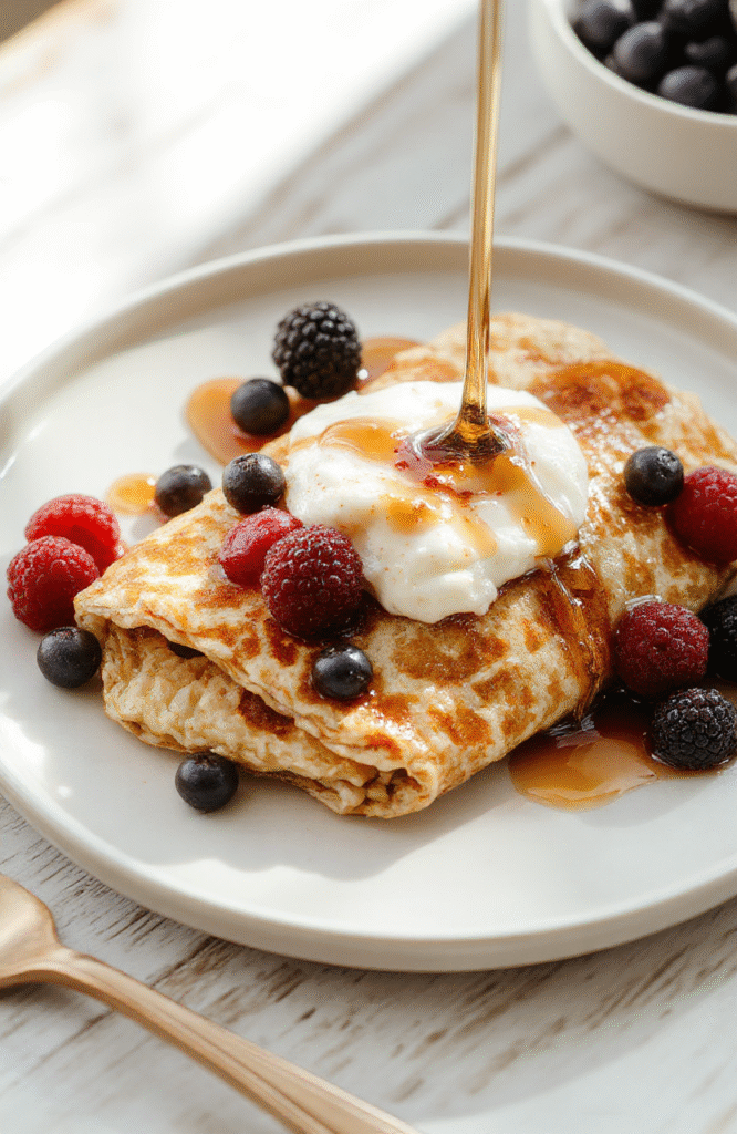 Soft fluffy crepes made from oats and eggs, stacked on a white plate with blueberries and a dollop of yogurt. The batter is pale beige, with a light maple syrup drizzle. Placed on a wooden board with warm morning light and a dusting of cinnamon for a cozy breakfast presentation.