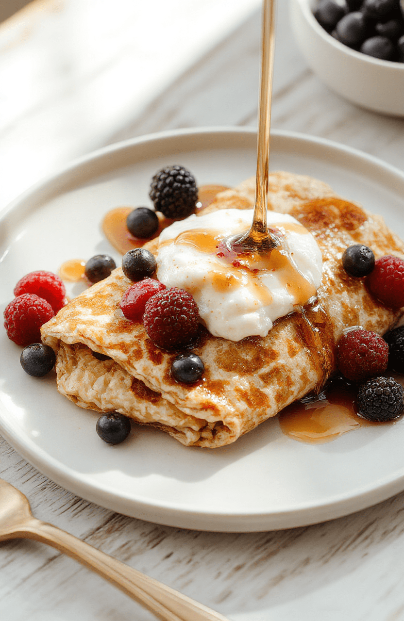 Soft fluffy crepes made from oats and eggs, stacked on a white plate with blueberries and a dollop of yogurt. The batter is pale beige, with a light maple syrup drizzle. Placed on a wooden board with warm morning light and a dusting of cinnamon for a cozy breakfast presentation.