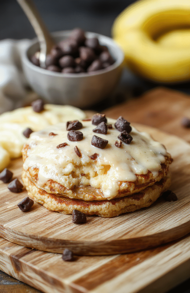 A tall stack of fluffy, golden flourless oatmeal pancakes on a warm wooden board, drizzled with maple syrup, topped with fresh berries and a dusting of cinnamon. A banana sits beside, with a glass of milk and a small bowl of nuts for texture. The scene is cozy, inviting, and light-filled with soft shadows.
