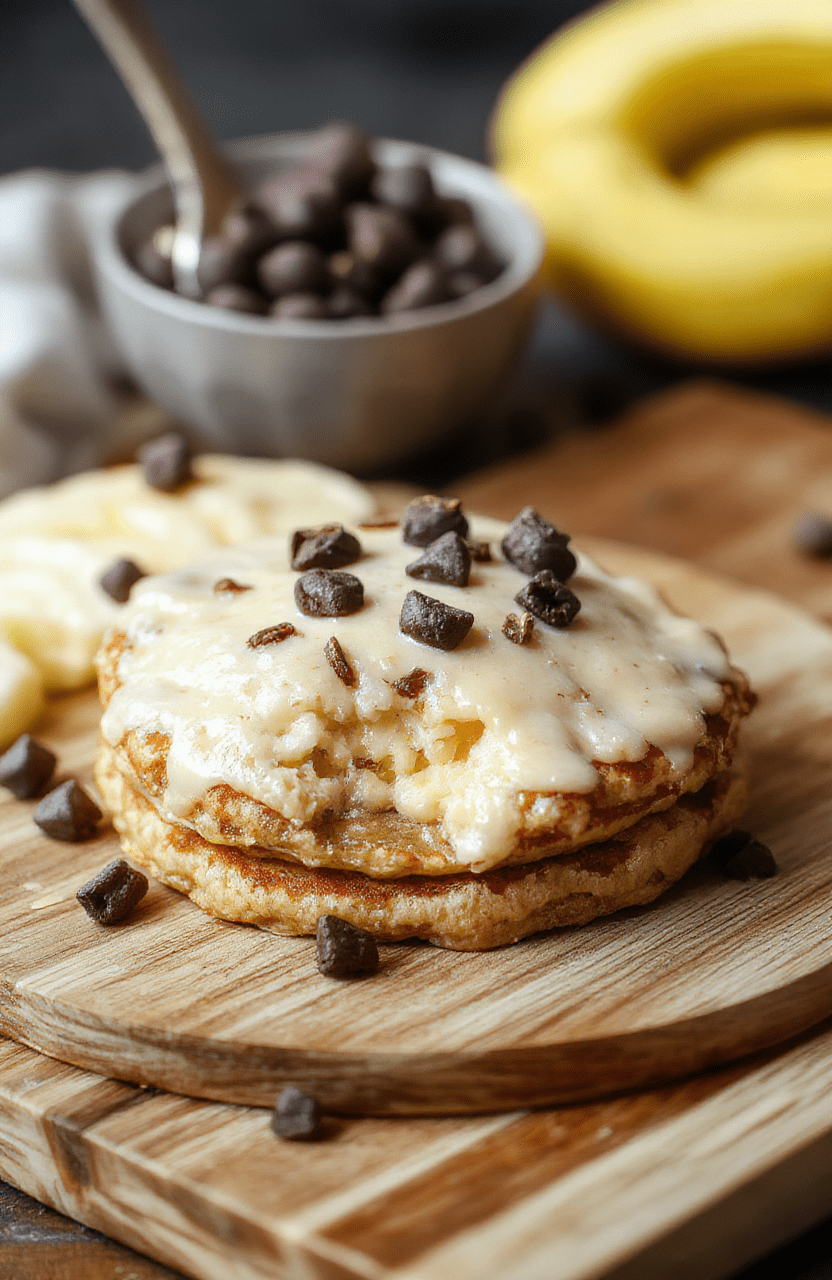 A tall stack of fluffy, golden flourless oatmeal pancakes on a warm wooden board, drizzled with maple syrup, topped with fresh berries and a dusting of cinnamon. A banana sits beside, with a glass of milk and a small bowl of nuts for texture. The scene is cozy, inviting, and light-filled with soft shadows.