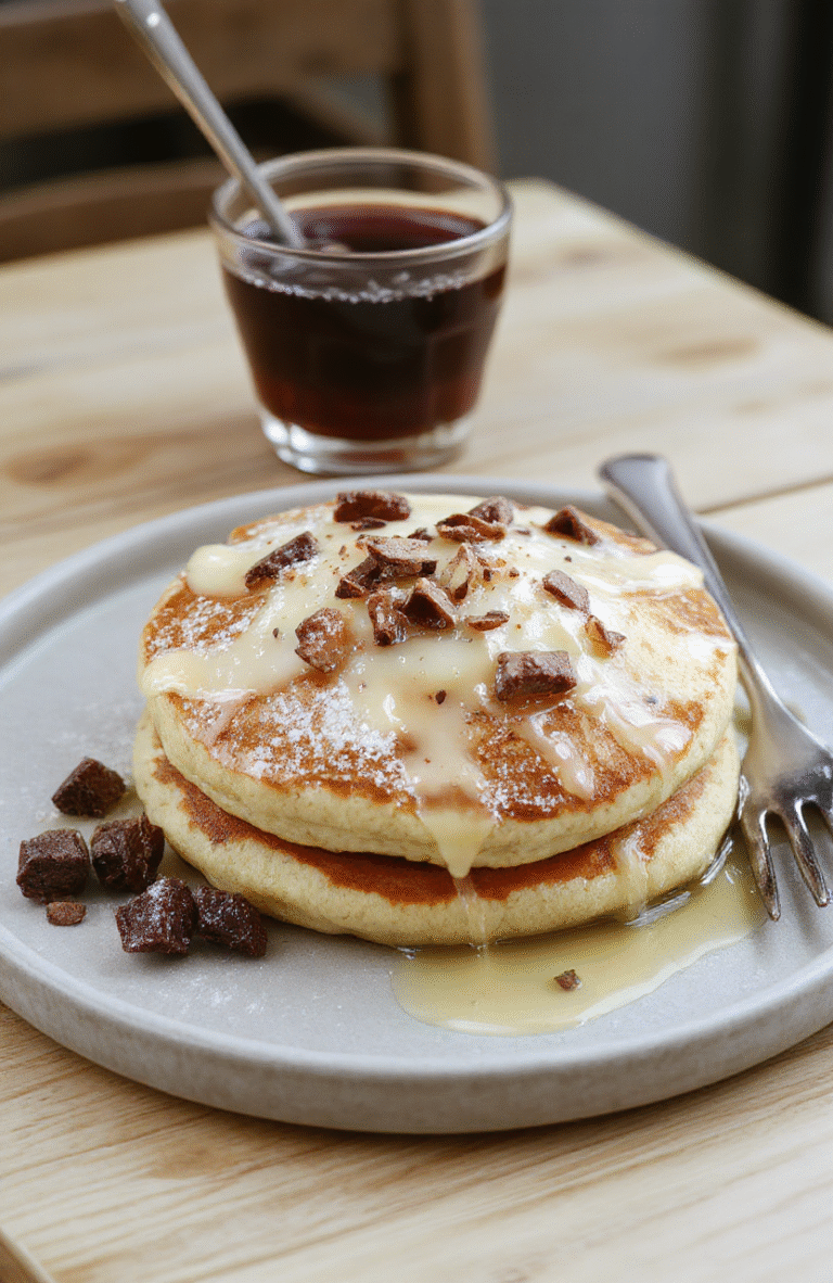 Golden, fluffy pancakes stacked on a simple white plate, butter melting on top and a light drizzle of maple syrup. Fresh berries add color while powdered sugar dusts the rim. The scene uses warm morning light on a clean surface, emphasizing a cozy two-serving breakfast.