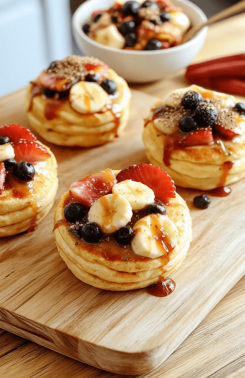 Bright plate of fluffy protein pancake bowls topped with Greek yogurt, mixed berries and banana slices, drizzled with maple, sprinkled with chia seeds and cinnamon on a light wooden board; warm golden bowls with creamy textures, fresh fruit, and a clean, inviting breakfast scene.