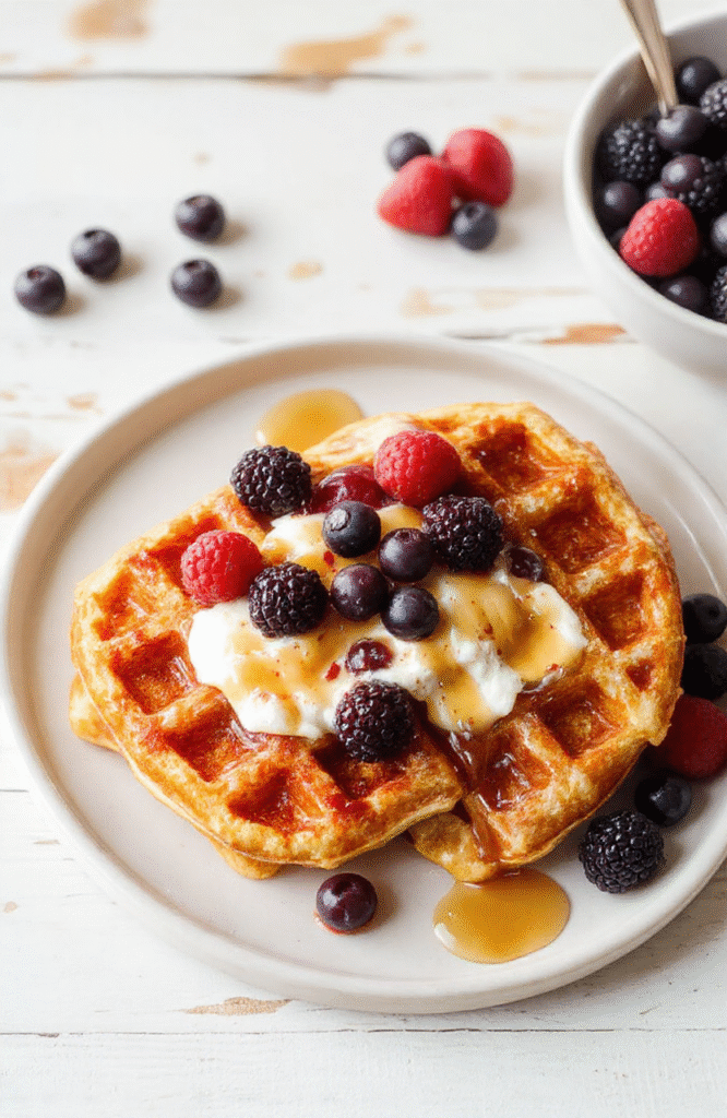 A plate of fluffy protein waffles stacked high, golden brown with a light, tender interior. Topped with a dollop of yogurt and a scatter of berries, with a glossy maple drizzle. The plate sits on a light marble surface, a few almond flakes and a dusting of powdered sugar add texture, while the background stays softly blurred for a cozy breakfast vibe.