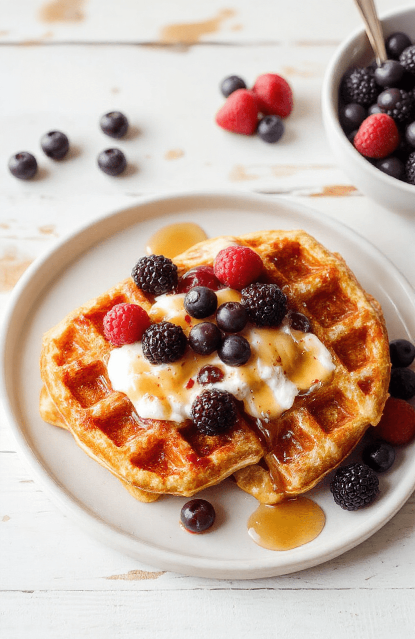 A plate of fluffy protein waffles stacked high, golden brown with a light, tender interior. Topped with a dollop of yogurt and a scatter of berries, with a glossy maple drizzle. The plate sits on a light marble surface, a few almond flakes and a dusting of powdered sugar add texture, while the background stays softly blurred for a cozy breakfast vibe.