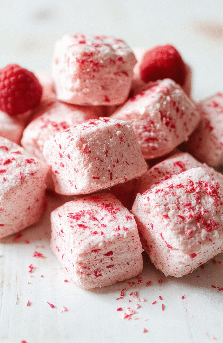 Bright and airy photo of a plate of fluffy raspberry marshmallows arranged on a white dish, dusted with powdered sugar, fresh raspberries and mint as garnish, pink-tinged marshmallows, gentle natural light, clean rustic table setting.