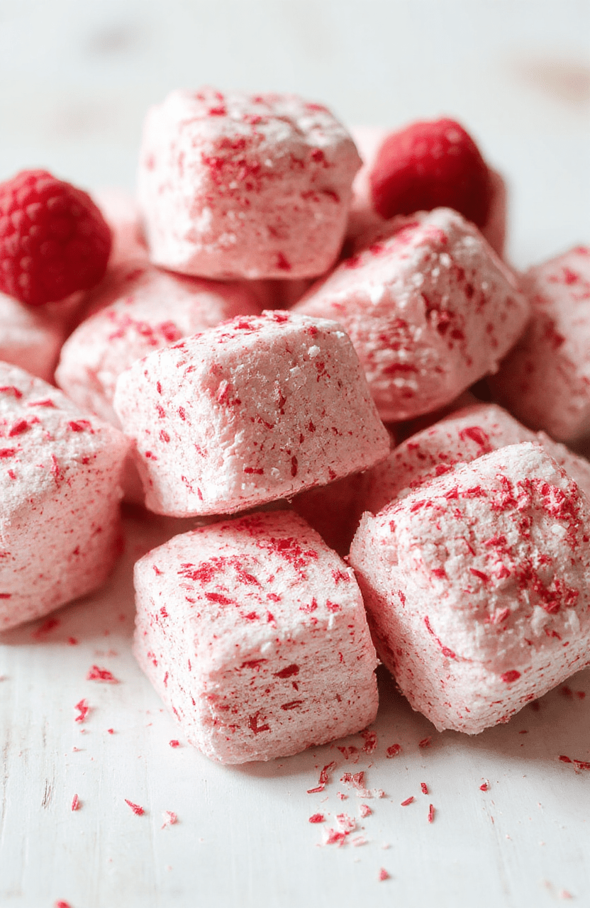 Bright and airy photo of a plate of fluffy raspberry marshmallows arranged on a white dish, dusted with powdered sugar, fresh raspberries and mint as garnish, pink-tinged marshmallows, gentle natural light, clean rustic table setting.
