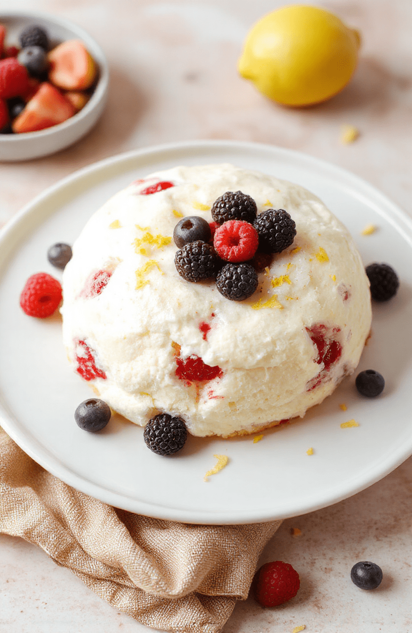 A light, airy slice of yogurt cloud cake on a white plate, topped with fresh berries and lemon zest, resting on a marble surface with a soft pastel backdrop. The cake has a delicate, whipped texture and glossy finish, inviting a healthy treat.