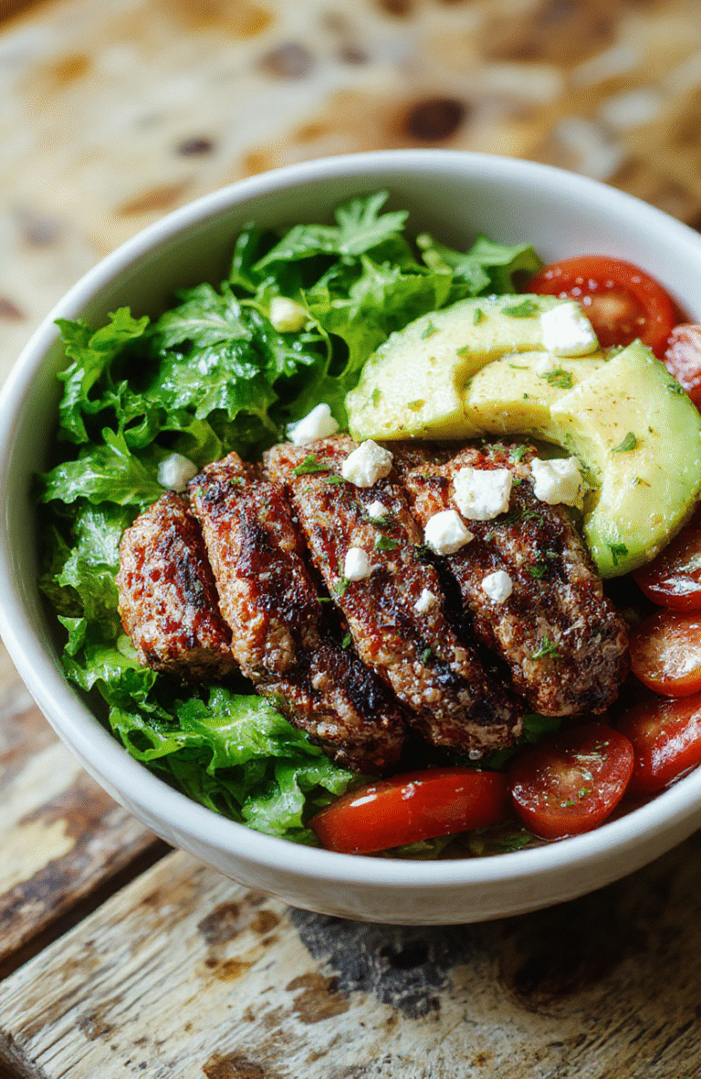A vibrant burger bowl with a bed of crisp greens, sliced grilled burger, avocado, cherry tomatoes, cucumber ribbons, red onion, and feta crumbles. A creamy yogurt drizzle adds shine, all arranged in a pristine white bowl on a warm wooden surface with natural light for a fresh, inviting look.