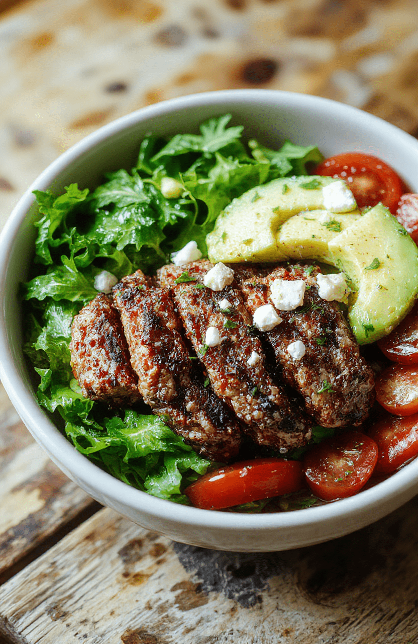 A vibrant burger bowl with a bed of crisp greens, sliced grilled burger, avocado, cherry tomatoes, cucumber ribbons, red onion, and feta crumbles. A creamy yogurt drizzle adds shine, all arranged in a pristine white bowl on a warm wooden surface with natural light for a fresh, inviting look.
