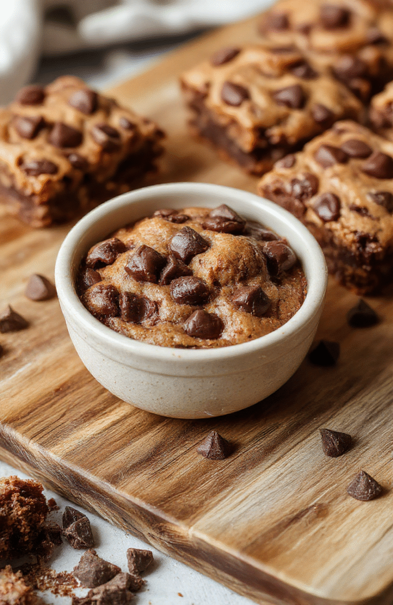 Dense fudgy brownie swirled with chocolate chips on a pale wooden board, cut into neat squares with a glossy crackly crust. Ribbons of cookie dough texture visible in the batter and melted chips shimmering in the light. A scoop of vanilla ice cream beside the brownies, a light dusting of powdered sugar and a subtle flaky salt sprinkle for contrast, warm ambient kitchen lighting.