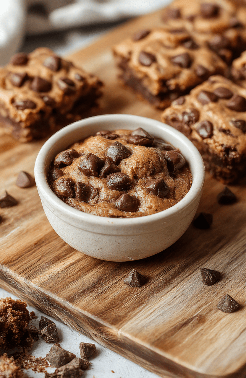 Dense fudgy brownie swirled with chocolate chips on a pale wooden board, cut into neat squares with a glossy crackly crust. Ribbons of cookie dough texture visible in the batter and melted chips shimmering in the light. A scoop of vanilla ice cream beside the brownies, a light dusting of powdered sugar and a subtle flaky salt sprinkle for contrast, warm ambient kitchen lighting.