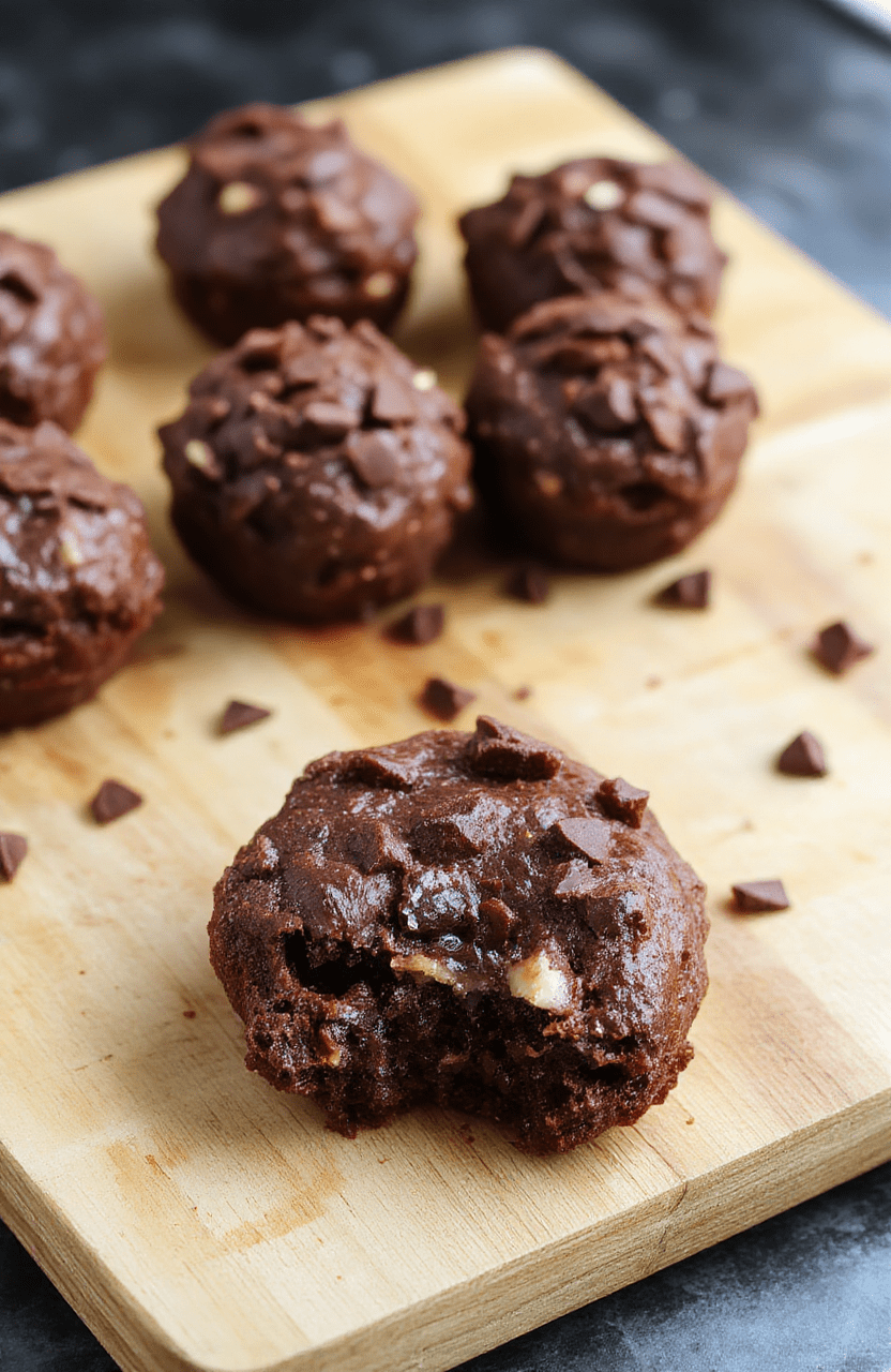 A close-up shot of glossy fudgy protein brownie bites on a white plate, deep chocolate color, moist interior visible in a bite, sprinkled with flaky sea salt and chopped almonds, set on a marble surface with natural daylight.