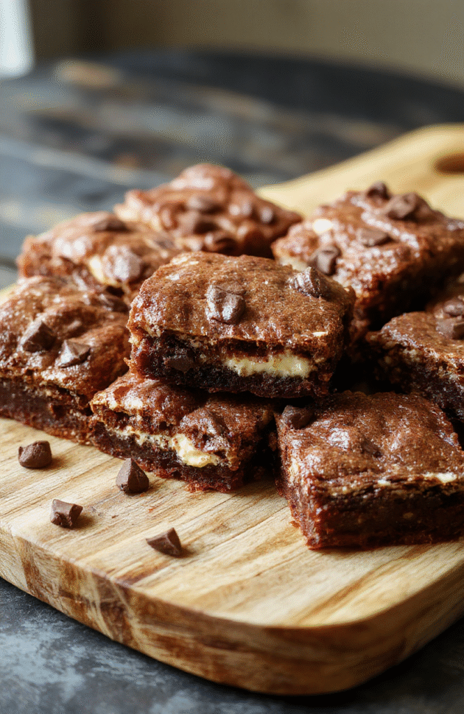 Rich fudgy yogurt brownies on a rustic wooden board, glossy dark chocolate surface, dense moist crumb with a tangy yogurt note, light cocoa dusting, and a few chocolate chips for texture. Natural light highlights the deep brown color and creamy interior, creating an inviting dessert shot.