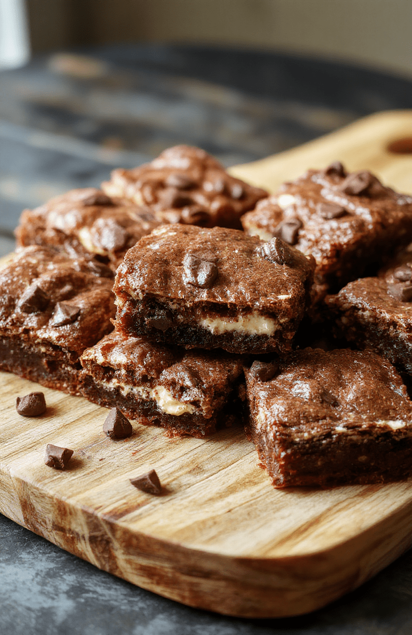 Rich fudgy yogurt brownies on a rustic wooden board, glossy dark chocolate surface, dense moist crumb with a tangy yogurt note, light cocoa dusting, and a few chocolate chips for texture. Natural light highlights the deep brown color and creamy interior, creating an inviting dessert shot.