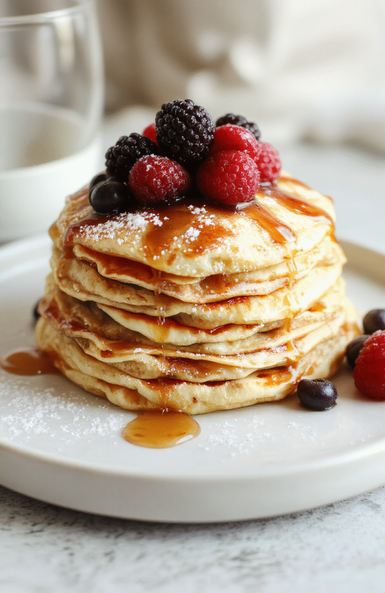 A stack of delicate gluten-free crepes sits on a white plate, topped with fresh berries and a light drizzle of maple syrup, with a dusting of powdered sugar. A small bowl of berry compote, a glass of milk, and a neutral linen backdrop complete the warm, inviting breakfast scene. The crepes are ultra-thin, airy, and translucent, highlighting their tender texture.