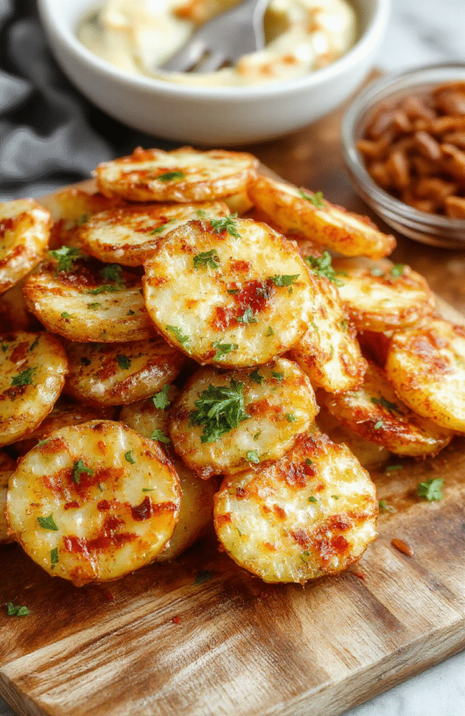 Golden brown crispy parmesan potatoes arranged on a white plate, light dusting of chopped parsley, parmesan shavings, glossy olive oil glaze, rustic wooden board visible in the background, inviting crusty exteriors and fluffy interiors.