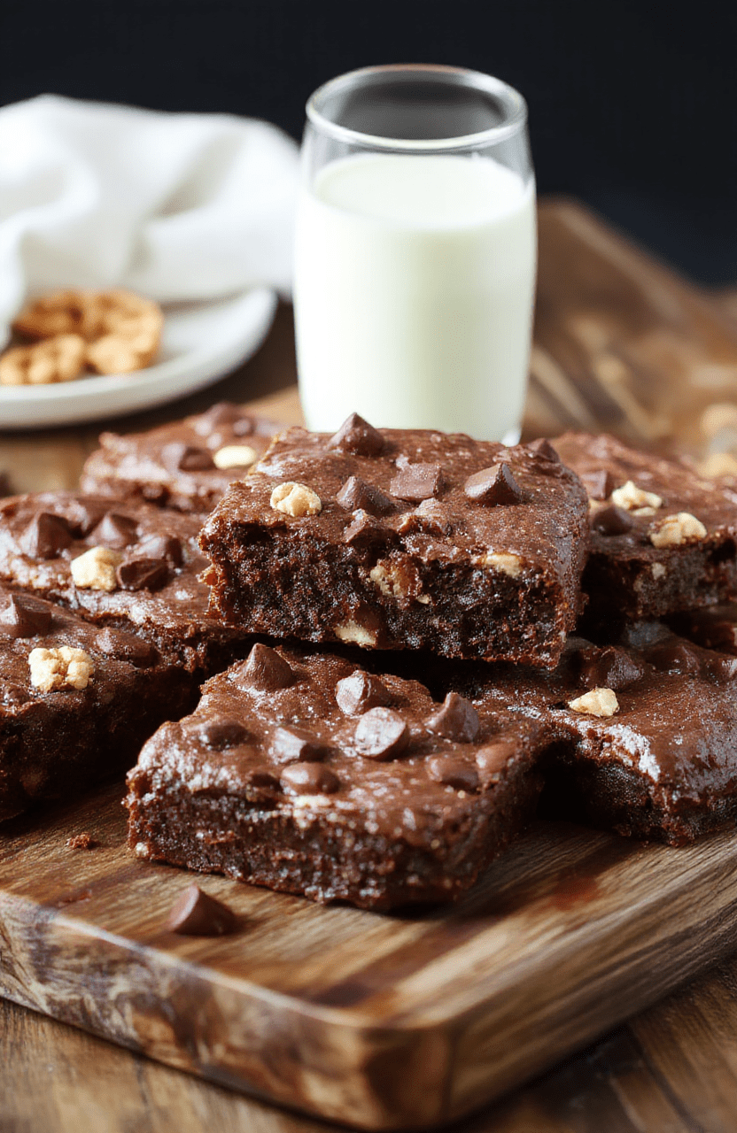 Fudgy Greek yogurt brownies sliced and arranged on a light wood board, dark glossy chocolate surface, a few walnuts and chocolate chips scattered nearby, pan lines visible, natural daylight, clean minimal styling
