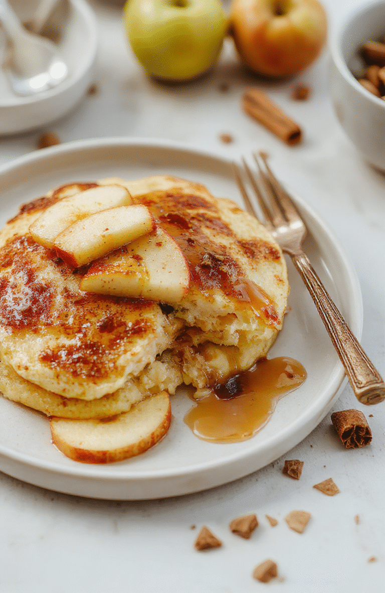 Fluffy apple rice pancakes stacked on a white plate with a drizzle of maple syrup, apple slices, and a cinnamon stick on a light wooden board. Natural morning light, fresh mint in the background, airy and inviting textures.