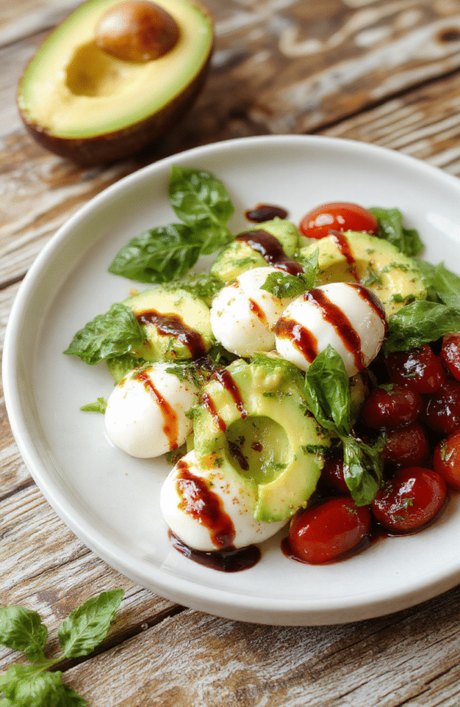 A vibrant plate of avocado caprese salad featuring sliced avocado, mozzarella pearls, halved cherry tomatoes, and torn basil leaves, lightly drizzled with olive oil and balsamic, on a white plate with a green salad bed and a rustic wooden table.