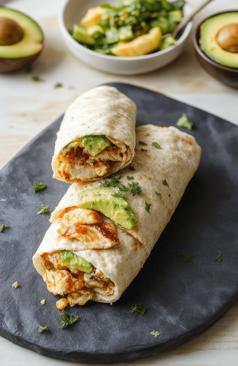A vibrant wrap sliced in half, revealing juicy chicken, ripe avocado, cherry tomatoes, and crisp greens nestled in a warm golden tortilla. The plate sits on a rustic wooden board with a light yogurt drizzle and fresh herbs, sunlit for a fresh, wholesome vibe.