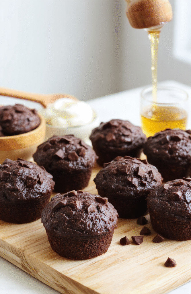 Moist chocolate muffins with domed tops sit in white paper liners on a light wooden board. The rich cocoa crust contrasts with a glossy, moist crumb. A scoop of yogurt, a drizzle of honey, and scattered chocolate chips complete the scene under warm, natural light.