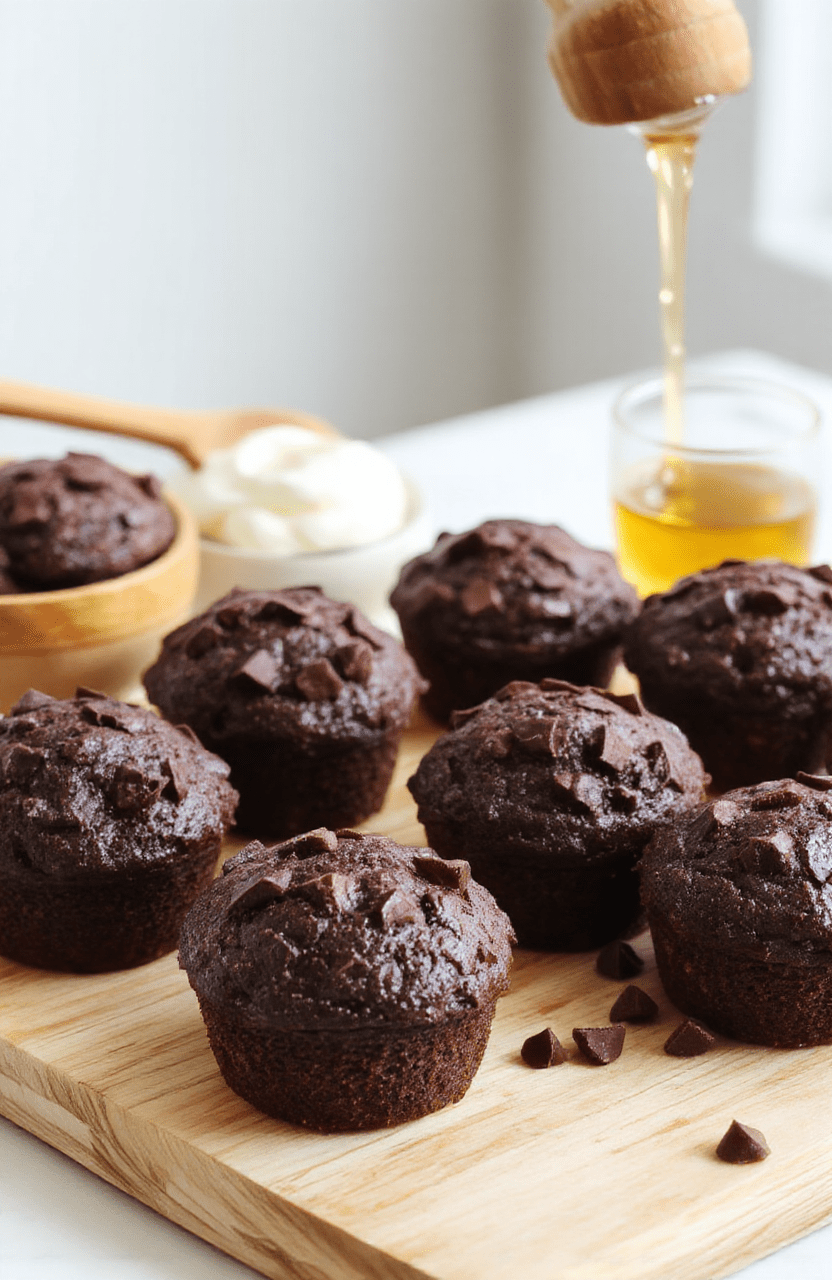 Moist chocolate muffins with domed tops sit in white paper liners on a light wooden board. The rich cocoa crust contrasts with a glossy, moist crumb. A scoop of yogurt, a drizzle of honey, and scattered chocolate chips complete the scene under warm, natural light.