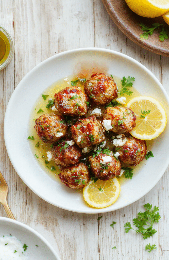 A close-up of golden brown Greek chicken meatballs on a white plate, sprinkled with feta crumbles and chopped parsley, lemon wedges on the side, a light olive oil drizzle, and a rustic wooden table background.