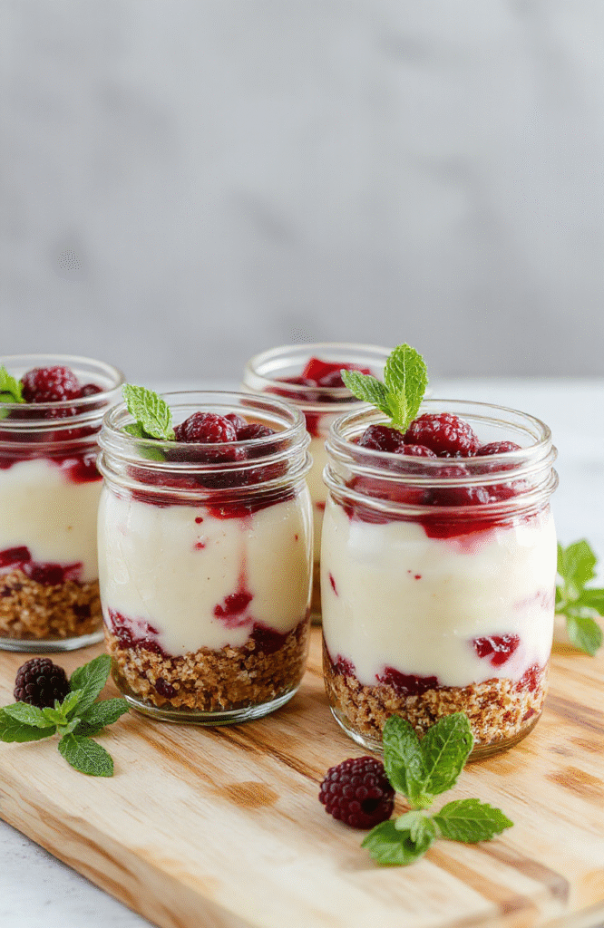 Three clear glass jars with layered no-bake cheesecake: creamy pale filling, vibrant strawberry topping, and a crunchy biscuit crust. They sit on a light wooden board with fresh berries and a mint sprig, under soft natural light. The textures contrast creamy filling, crumbly crust, and glossy fruit for an inviting healthy dessert.
