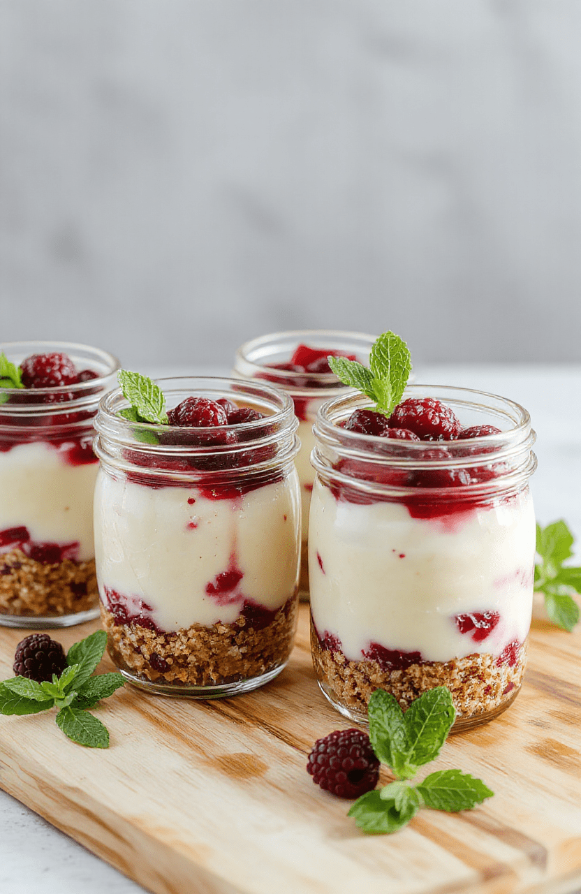 Three clear glass jars with layered no-bake cheesecake: creamy pale filling, vibrant strawberry topping, and a crunchy biscuit crust. They sit on a light wooden board with fresh berries and a mint sprig, under soft natural light. The textures contrast creamy filling, crumbly crust, and glossy fruit for an inviting healthy dessert.