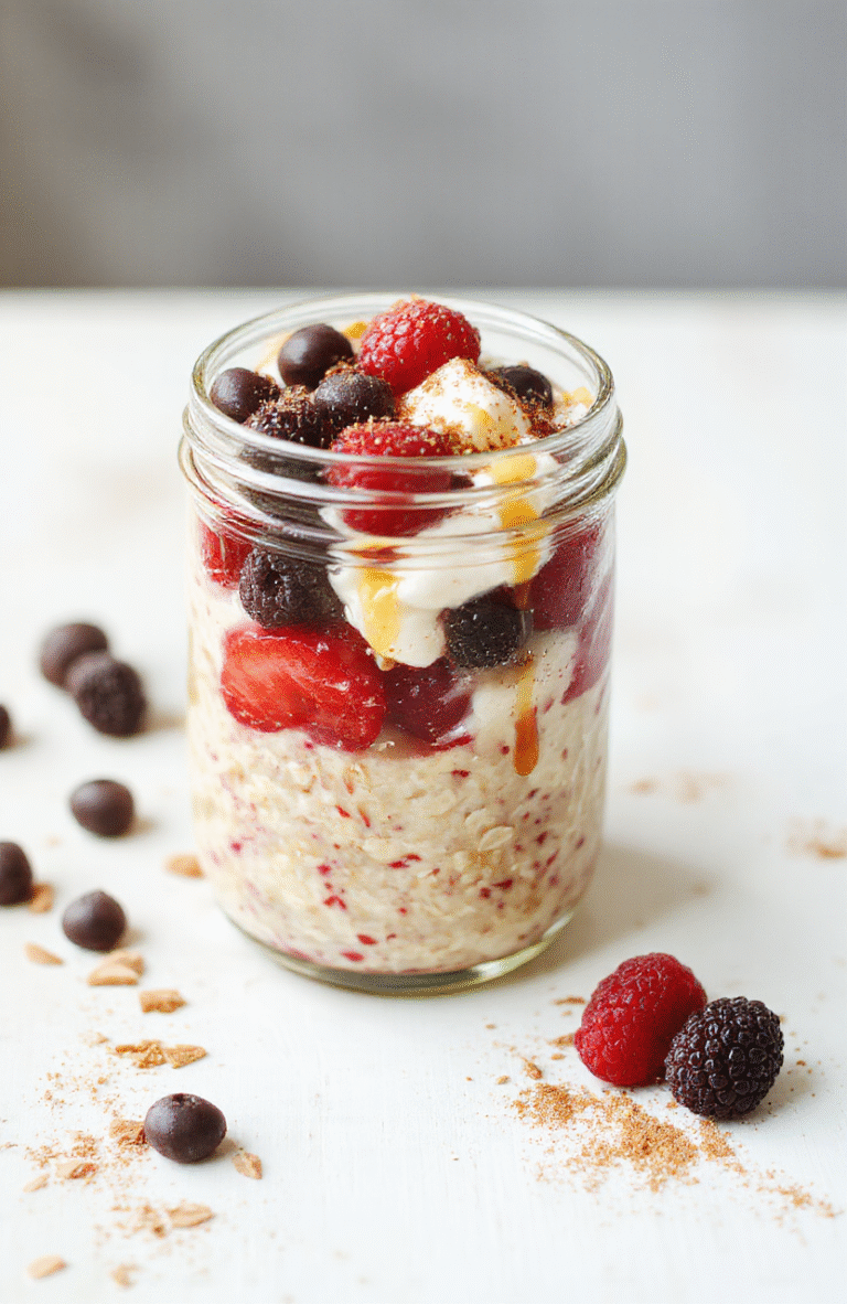 Layers of creamy oats, yogurt, and fresh berries in a clear jar on a light wood surface, with cinnamon dust and honey drizzle for a wholesome, inviting breakfast.