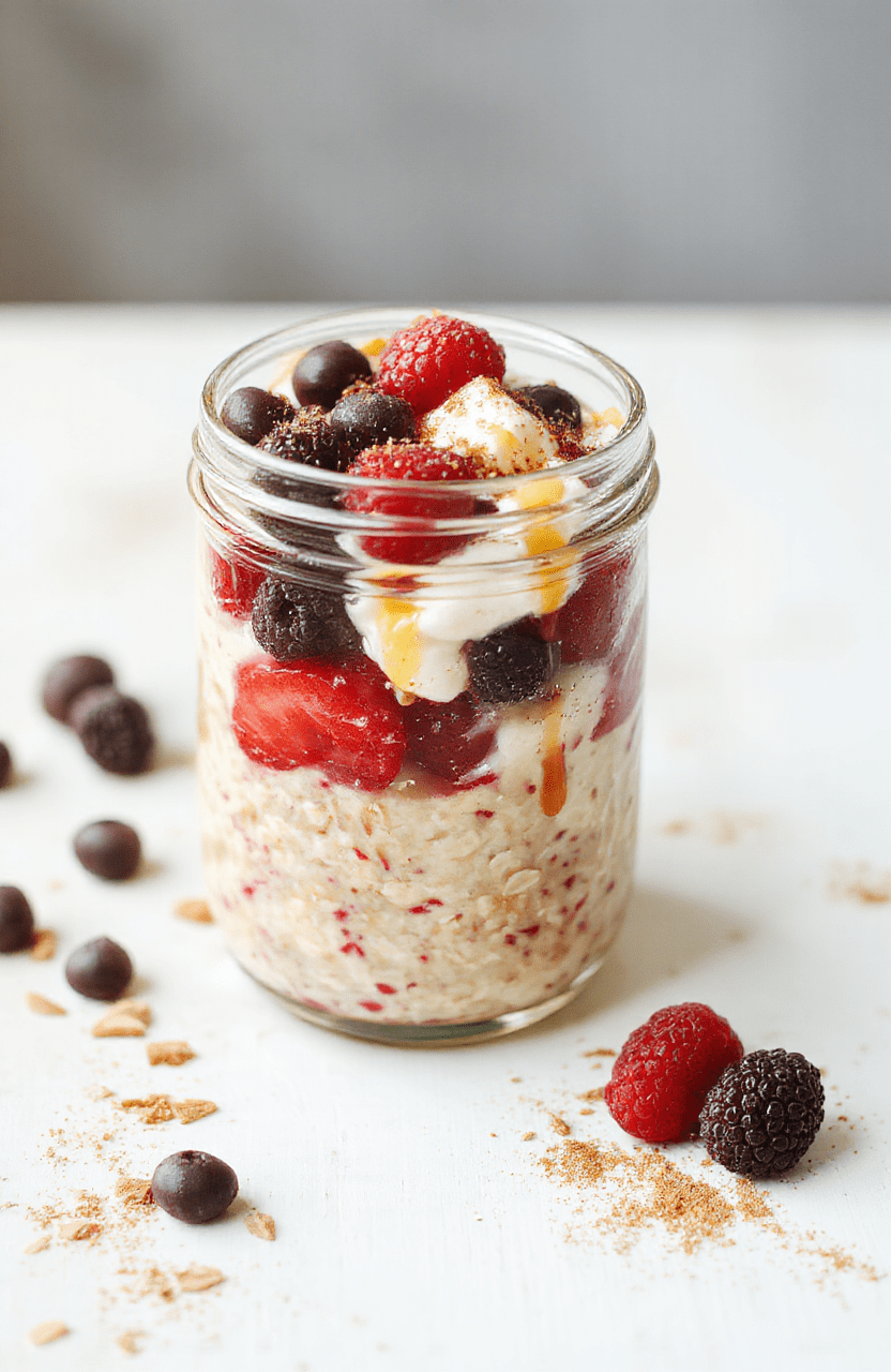 Layers of creamy oats, yogurt, and fresh berries in a clear jar on a light wood surface, with cinnamon dust and honey drizzle for a wholesome, inviting breakfast.