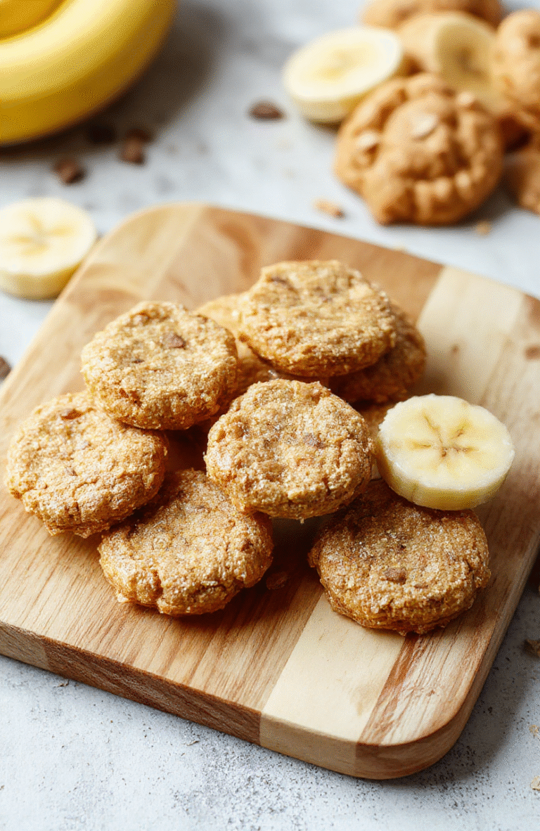 A plate of Healthy Peanut Butter Banana Dog Treats on a light wooden board, bone-shaped biscuits with a glossy peanut butter glaze, banana slices, and a small bowl of peanut butter; fresh parsley garnish and a striped napkin create a wholesome, home-baked vibe.