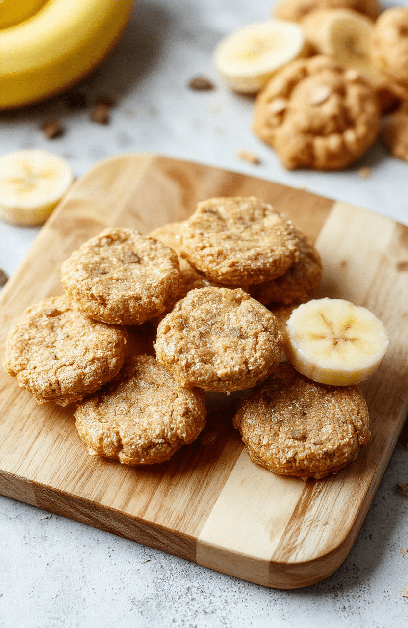 A plate of Healthy Peanut Butter Banana Dog Treats on a light wooden board, bone-shaped biscuits with a glossy peanut butter glaze, banana slices, and a small bowl of peanut butter; fresh parsley garnish and a striped napkin create a wholesome, home-baked vibe.