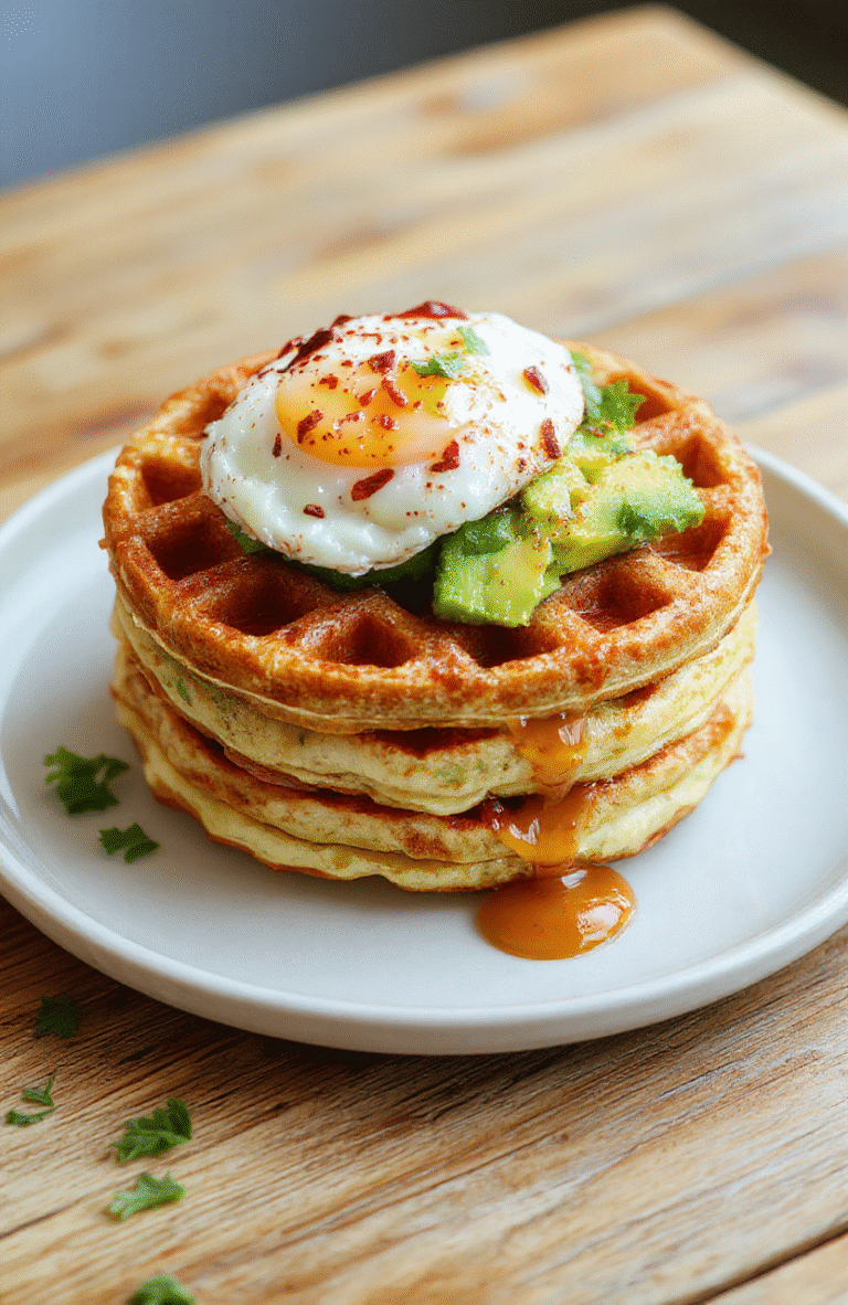 Golden brown potato waffles stacked on a white plate, topped with sliced avocado and a sunny-side-up egg. Crisp edges, fluffy interior, sprinkled with chives. The plate rests on a light wood table with bright natural light highlighting the textures and warm tones, suggesting a wholesome breakfast.