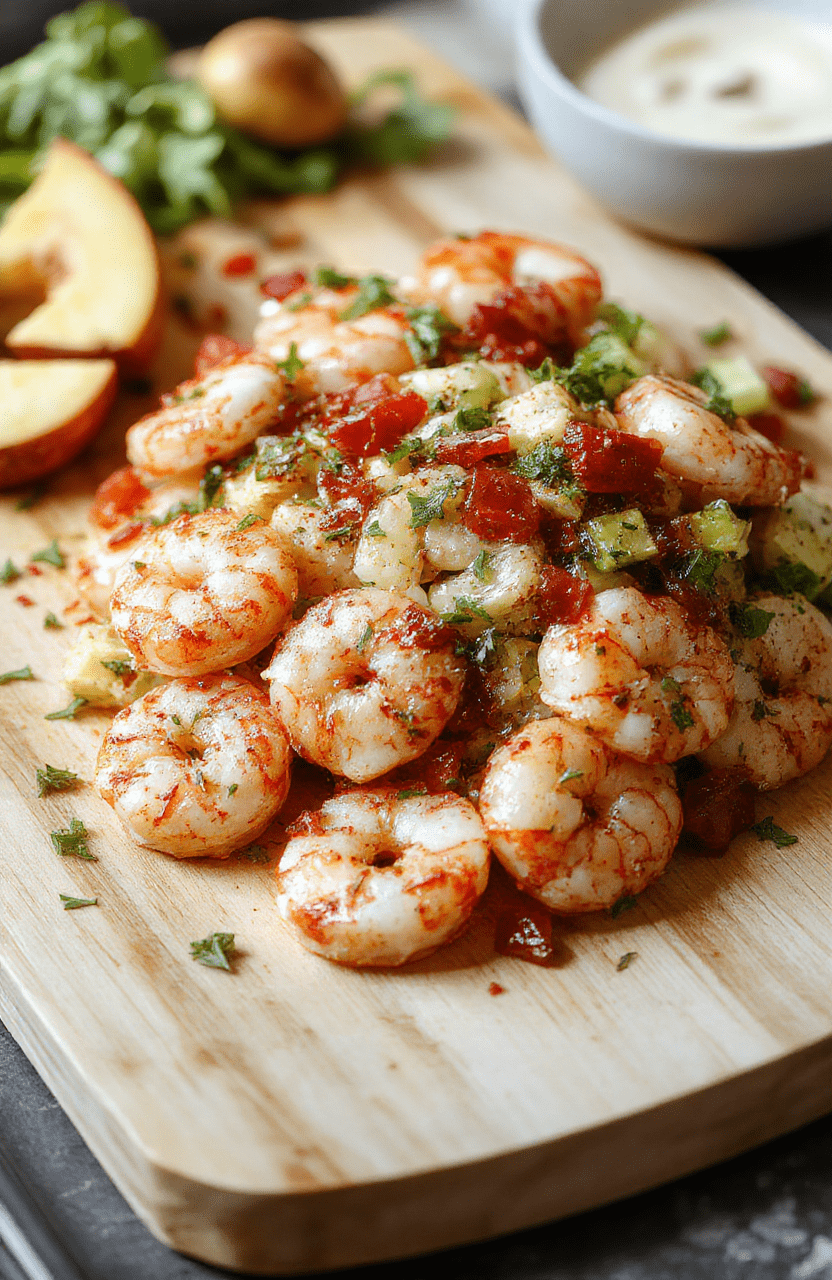A vibrant shrimp salad plated on a bright white dish, featuring pink shrimp, avocado chunks, crisp greens, halved cherry tomatoes, cucumber ribbons, red onion, and a light lemon-dill dressing drizzle. The plate sits on a rustic wooden table with fresh herbs and lemon wedges for a fresh, summery vibe.