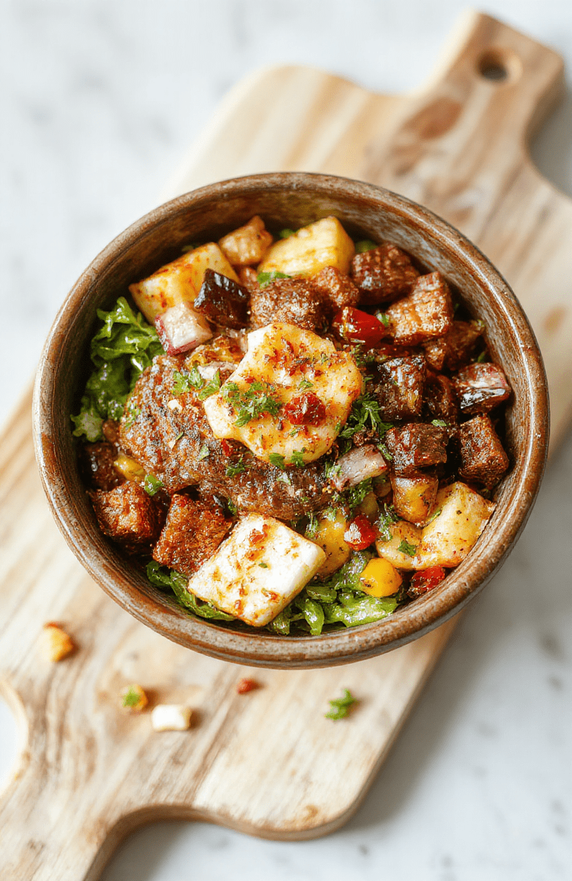 A vibrant smash burger bowl on a light wooden board: beef crumbles over bright romaine and cauliflower rice, topped with avocado slices, cherry tomatoes, red onion, and a tangy yogurt drizzle; surrounding elements include a small ramekin of sauce and a rustic knife on a textured linen, all in natural daylight.