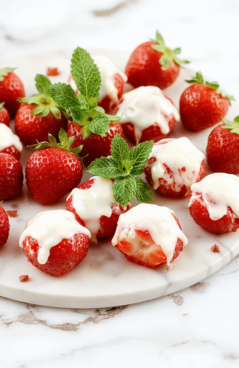 A bright plate of strawberry yogurt bites arranged on a white marble board with fresh strawberry pieces and mint leaves, a light yogurt glaze, and a drizzle of honey, styled simply for a clean, healthy snack look.