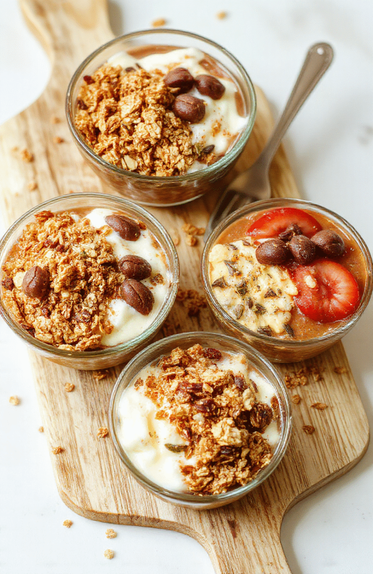 Two clear glass bowls layered with creamy yogurt, crunchy granola, and fresh berries sit on a light wood board, garnished with honey and sliced almonds. The scene highlights vibrant red strawberries, blueberries, and a mint leaf for a wholesome, protein-packed breakfast.