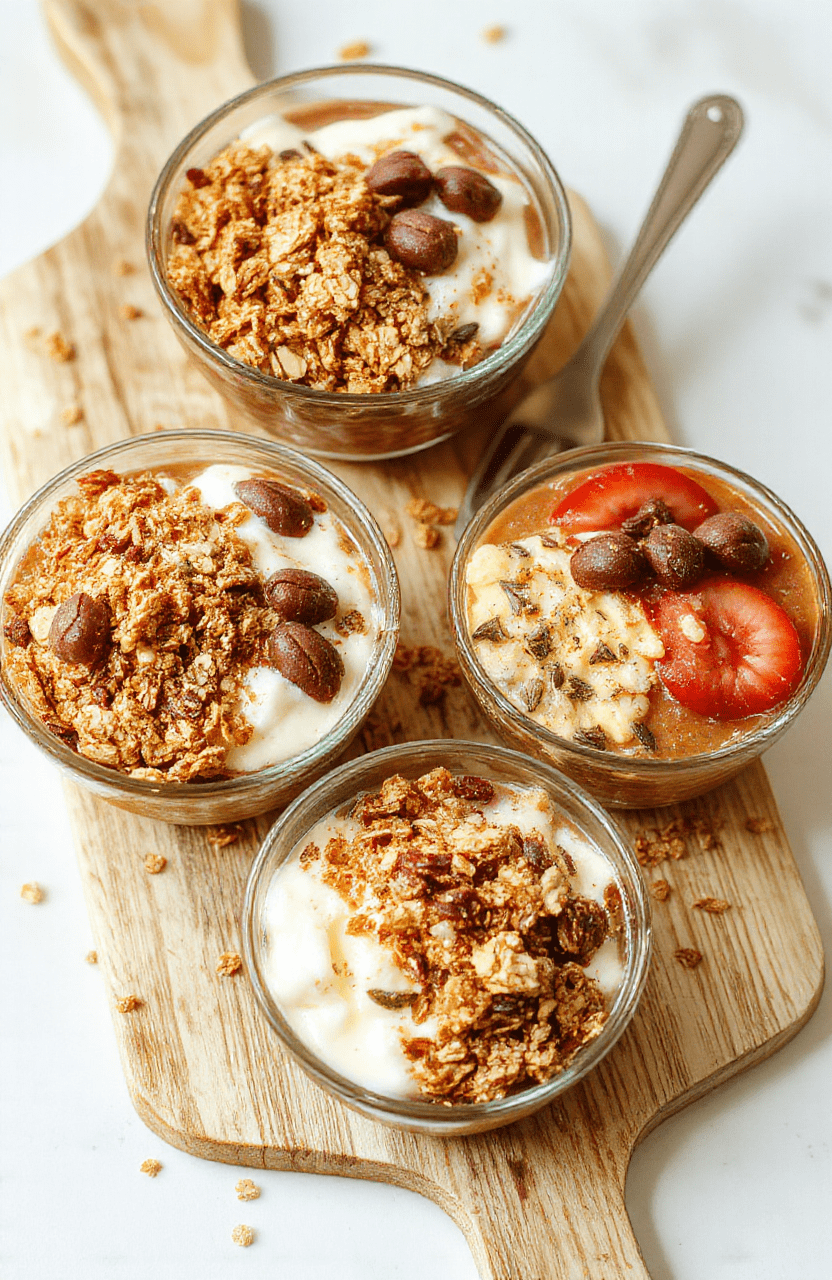 Two clear glass bowls layered with creamy yogurt, crunchy granola, and fresh berries sit on a light wood board, garnished with honey and sliced almonds. The scene highlights vibrant red strawberries, blueberries, and a mint leaf for a wholesome, protein-packed breakfast.