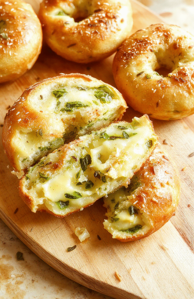 Golden-brown healthy zucchini bagels sliced to reveal a soft, moist crumb with flecks of green zucchini, presented on a light marble surface with cream cheese spread and fresh herbs.