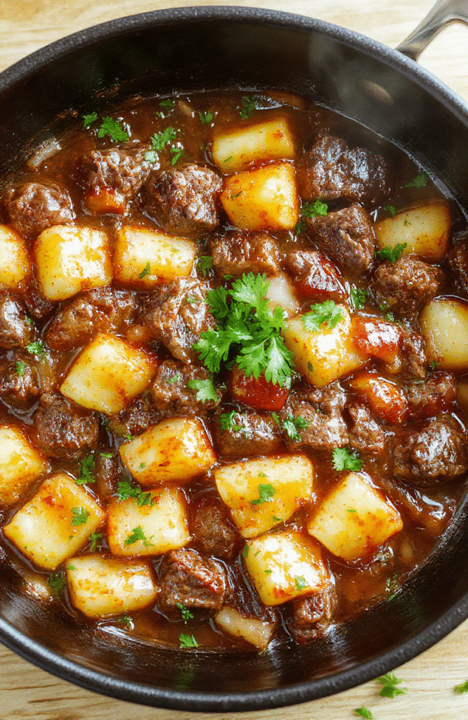 Close-up of a hearty Carne con Papas dish in a skillet: browned beef cubes, golden potato chunks, red and yellow peppers, and onion, garnished with chopped parsley, on a rustic wooden table.