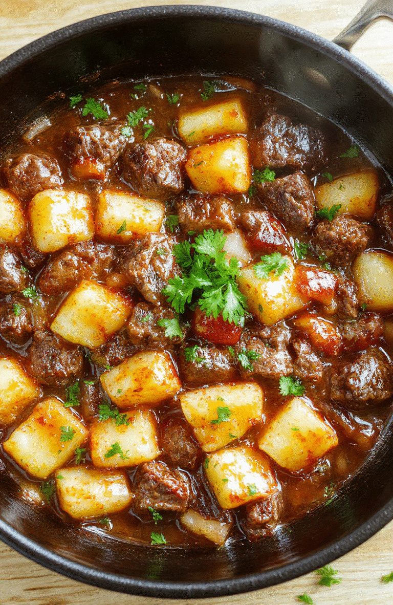 Close-up of a hearty Carne con Papas dish in a skillet: browned beef cubes, golden potato chunks, red and yellow peppers, and onion, garnished with chopped parsley, on a rustic wooden table.