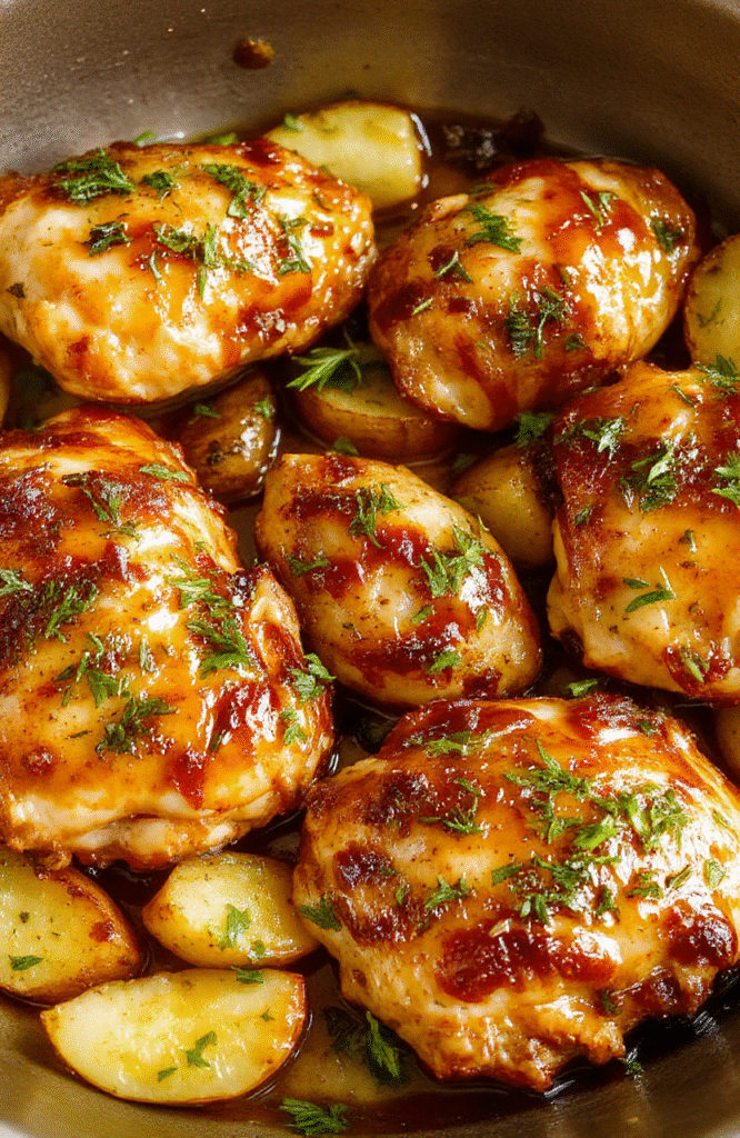 A skillet with crispy-skinned chicken thighs nestled among roasted baby potatoes, caramelized onions, and sprigs of rosemary and parsley. The glossy olive oil sheen highlights golden-brown surfaces, while steam rises from the hot pan on a rustic wood table.