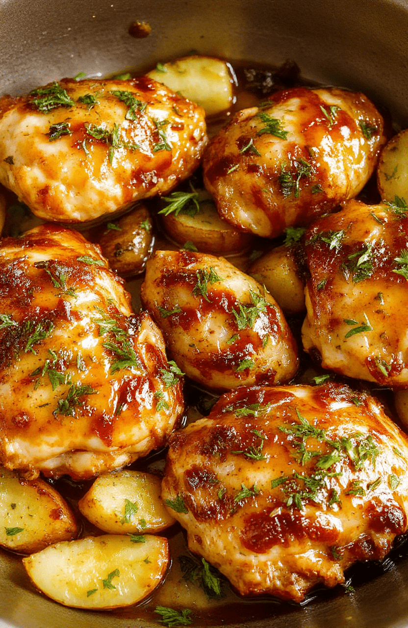 A skillet with crispy-skinned chicken thighs nestled among roasted baby potatoes, caramelized onions, and sprigs of rosemary and parsley. The glossy olive oil sheen highlights golden-brown surfaces, while steam rises from the hot pan on a rustic wood table.