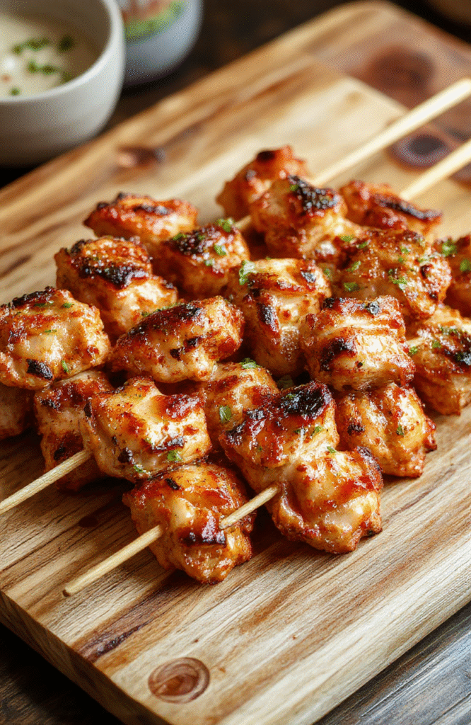 Brightly lit plate of glossy yakitori skewers with a rich caramelized glaze, sesame seeds scattered, and chopped scallions on top. Juicy chicken pieces show a tender interior and slightly charred edges, resting on a rustic wooden board with a small dish of tare glaze. The scene features warm brown tones, subtle steam, and clean Japanese tableware for a restaurant-inspired but approachable vibe.